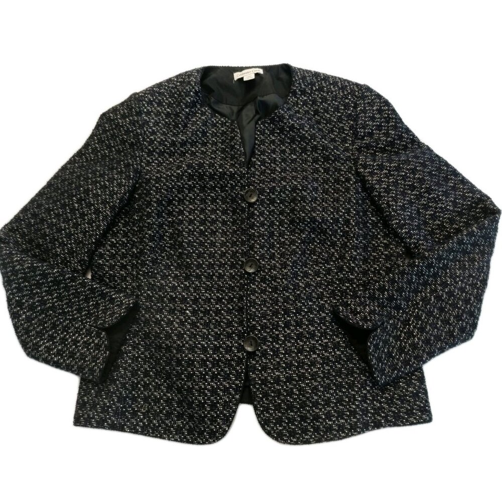 Coldwater Creek Black Metallic Silver Tweed Jacket L(14-16) Bottom Front